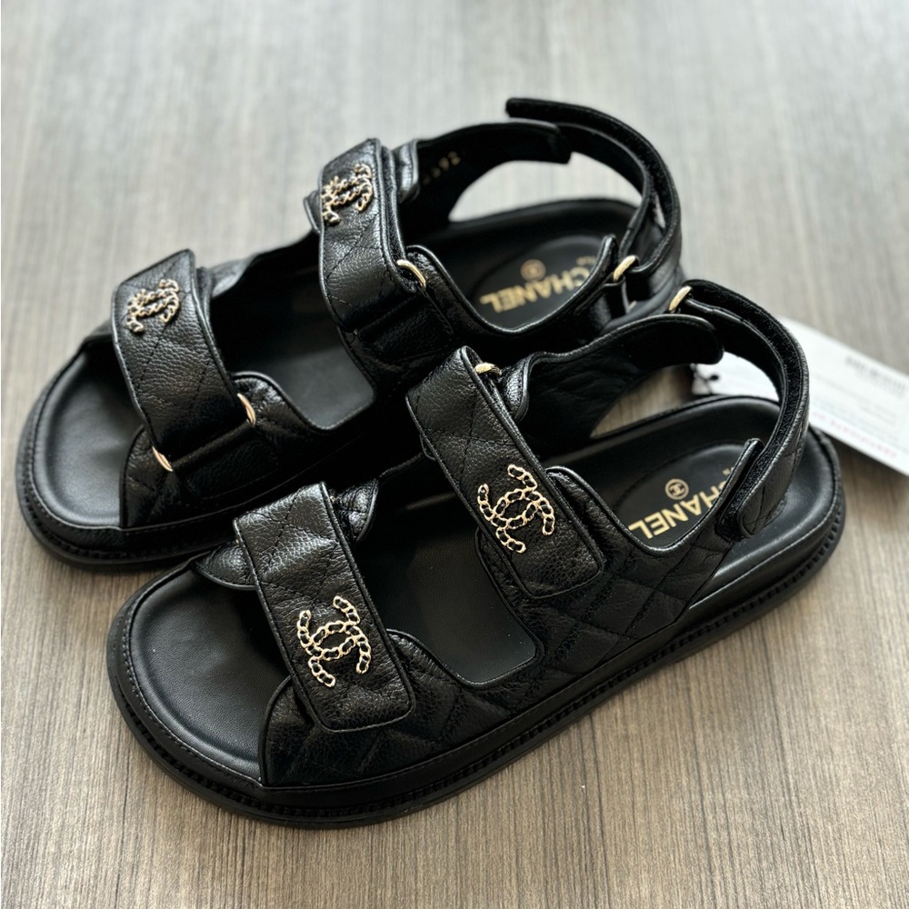 CHANEL Grained Calfskin Velcro Sandals 37 Black    Will take BEST OFFER